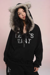 eat me plz* カシーキャットイヤーフリースフーディフォアオータムウィンターウォームジャケット