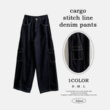 Tins Saint-Jean Stitch Side Curved Slit Cargo Denim Wide Pants