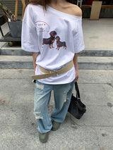 UI ドッグオフショルダーオーバーサイズフィットスリーブTシャツ