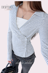 グレー Vストライプ ラップ ロングスリーブ Tシャツ