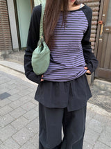 シャバニンストライプヘンリーネック長袖Tシャツ