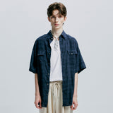 [bandana necklace set] washed check linen 2 pocket half shirt navy