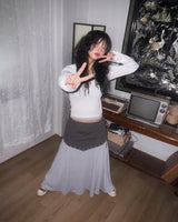 (2color) Eyelet Two-Tone Layered Flare Long Skirt