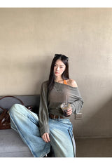 ルーズフィットオフショルダーレイヤードセットロングスリーブTシャツ