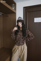 wool cotton shirring checkered long-sleeved shirt