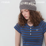 Riverstone Plus  ウィメンズ ヘンリーネック ストライプ Tシャツ スリムフィット ショートスリーブ