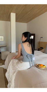 Blue Check Backless Ribbon Sleeveless Tee