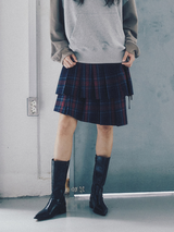 Pleated Wraparound Skirt Navy Check
