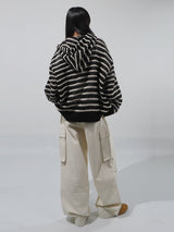 (UNISEX) Mesh Stripe Cropped Zip-up Knit