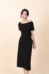 オフショルダースリットロングワンピース Black