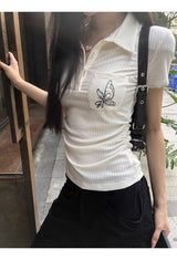 ポロカラーポケット刺繍半袖カラーTシャツ