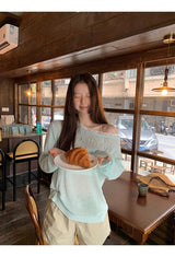 Mint off-shoulder lace long-sleeved see-through knitwear