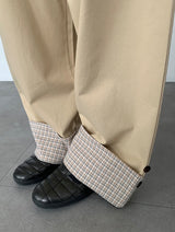 Monique Check Color Matching Cotton Wide Banding Pants