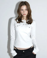 Pocket Henley Neck Ribbed Long Sleeve White