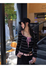 Pink strap striped striped long-sleeved t-shirt