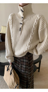 high-neck button bold ribbed loose fit knitwear