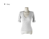 キーティング リブ ロールアップ スリムVネック 3/4スリーブTシャツ