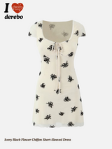 Ivory Black フラワーシフォン半袖ワンピース