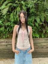 Pink stripe lace-up sleeveless t-shirt