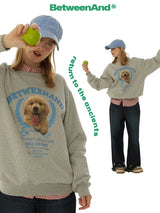 BETWEENAND Cute round-neck gray hoodie for women, casual loose fit, pair set with puppy tongue design in autumn