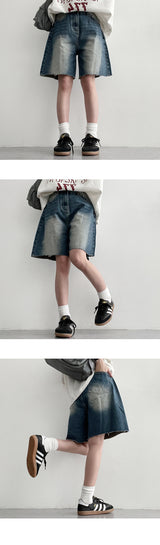 【S～2XL】ウェリンウォッシング裾カットデニムショートパンツ
