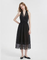 Lorielle Halterneck Sheer Wrap Long Dress Black