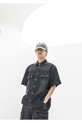 WESTERN WASHED MN POCKET DENIM HALF SHIRTS MSFST003-BK