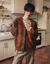 Harvers Argyle Color Matching Knit Cardigan