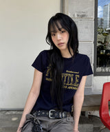 Untitled Frayed Embroidery Crop Short Sleeve Navy