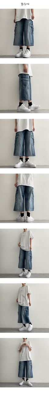 [S-2XL/Long, Basic, Short] ルーカスウォッシングカーゴワイドデニムハーフパンツ