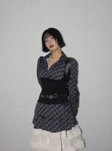ベストレイヤードチェックミニドレス (BLACK)
