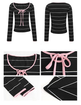 Pink strap striped striped long-sleeved t-shirt