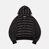 ストライプニットフーディドジップアップ / Black charcoal