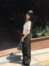 Sirom Ribbon Strap Ribbed Off Shoulder Short Sleeve T-Shirt
