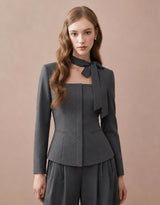Elena Ribbon Tie Square Neck Tailored Jacket Gray