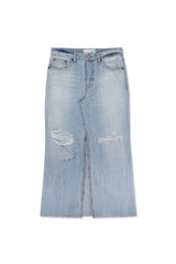 DAMAGED LONG DENIM SKIRT (BLUE)