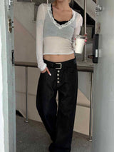 Retro 5 button wide denim pants
