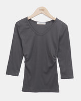 Nilon V-Neck Side-Shirring 7-Sleeve T-Shirt