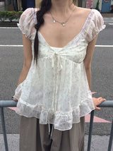 Rijin Flower Frill Flare Chiffon Blouse