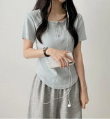 Waddoo hem round button short sleeve tee