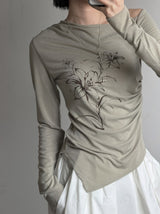 Ink Painting Flower One-Shoulder Off-Tee