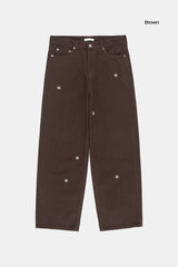 Snow embroidery wide cotton pants
