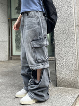 Unisex ツーウェイバミューダジッパーカーゴワイドデニムパンツ