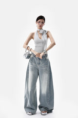 Summon Oak Pure Desire Basic Versatile Thin Short Streamer Slim Halter Backless Knitted Vest for Women