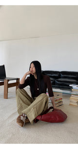 Khaki brown line wide cotton pants