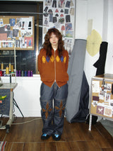 Bouclé Argyle Knit Zip-up Hoodie_Burnt Orange