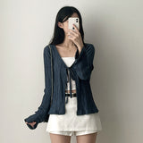 Eon Puff Sleeve V-Neck Ribbon Cardigan