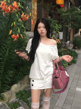 ヴィンテージ ボタン オフショルダーTシャツ