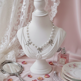 [IVE Rei Necklace] Three Ribbons Pearl Choker Necklace - Silver Color