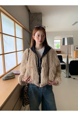 Eyes Hooded Layered Fur Zip-Up Jacket